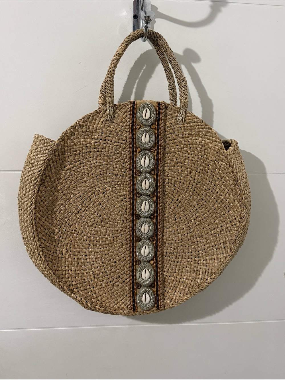 Skemo Natural Straw Round Tote with Shell Embellishment